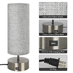 3-Way Dimmable Touch Control Table Lamp w/ USB Charging Port Set of 2 LED Bulb Included