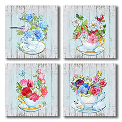 Blue Flower Canvas Wall Art Decor 12x12 - 4 Panels Ready to Hang