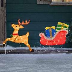Lighted 2D Santa Sleigh Reindeer w/ Warm White Lights Christmas Decoration