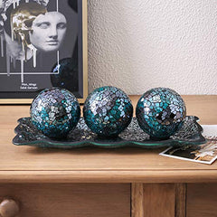 12.4â€?Mosaic Glass Decorative Tray Dish Plate w/ 3pcs 3" Decorative Orbs