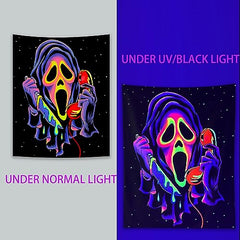Blacklight Horror Face Tapestry, UV Reactive Wall Hanging, Party Backdrop
