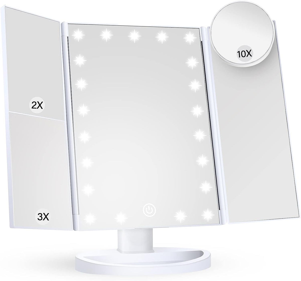 Makeup Mirror Vanity Mirror with Lights, 2X 3X 10X Magnification,  Touch Control, Trifold Makeup Mirror, Dual Power Supply, Portable LED Makeup Mirror, Women Gift (White)
