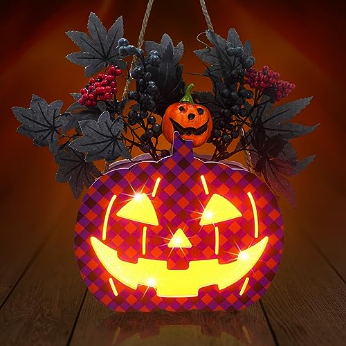 Lighted Halloween Sign Wreath Pumpkin Lantern with Black Maple Leaves with Led Lights Battery