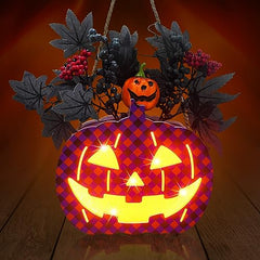 Lighted Halloween Sign Wreath Pumpkin Lantern with Black Maple Leaves with Led Lights Battery