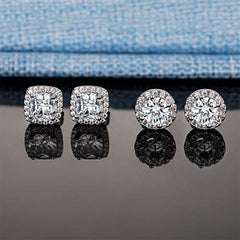 18K White Gold Plated Round Square Cubic Zirconia Simulated Diamond Halo Stud Earrings (2 Pairs)