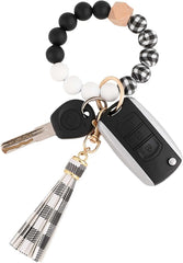 Silicone Beaded Bracelet Keychain Wristlet Key Ring Bangle Chains for Women with Leather Tassel