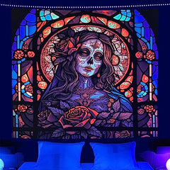 Blacklight Tapestry Sugar Skull  Halloween  UV Reactive Trippy Neon Tapestries Glow in the Dark Party Backdrop,