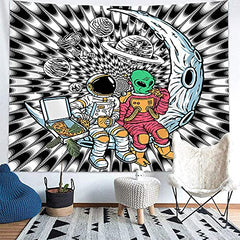 Cool Black & White Astronaut Trippy Tapestry Funny Alien on Moon Wall Decor