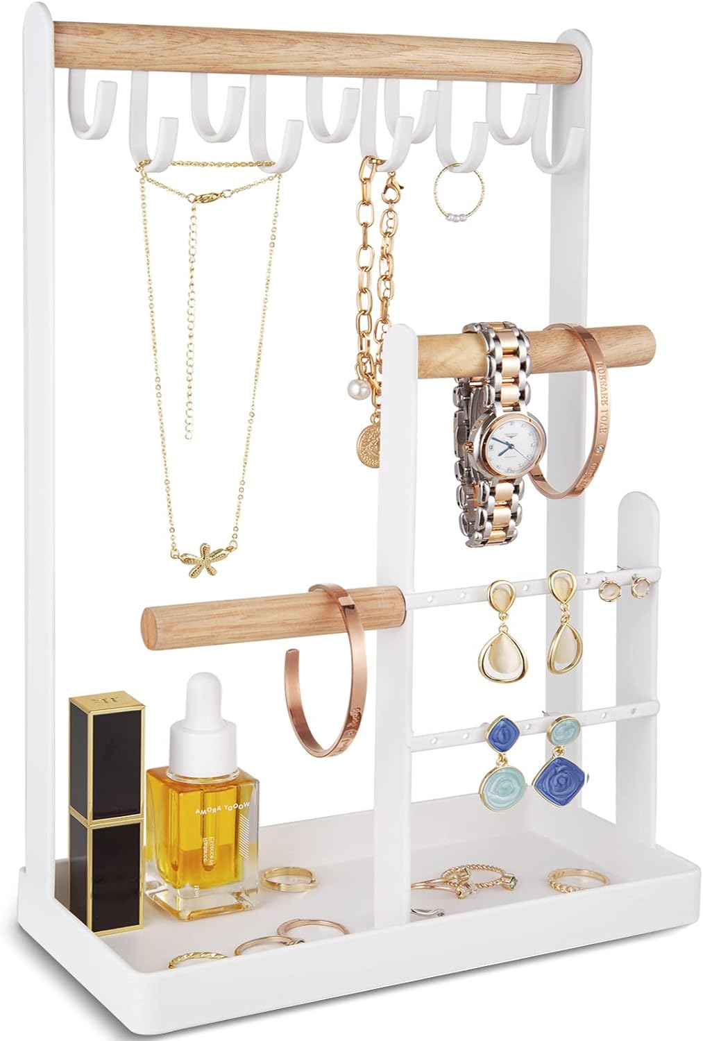 Jewelry Organizer Stand Necklace Holder, 4-Tier Tower Rack with Earring Tray, 10 Hooks Necklaces Hanging Small Jewelry Display Storage Tree for Bracelets Rings Watches