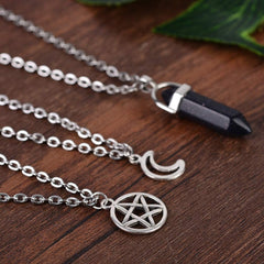 Moon Pentagram Necklace Pentacle Crystal Chakra Charm, A-Dark Blue Starry sky stone-3pcs