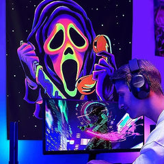 Blacklight Horror Face Tapestry, UV Reactive Wall Hanging, Party Backdrop