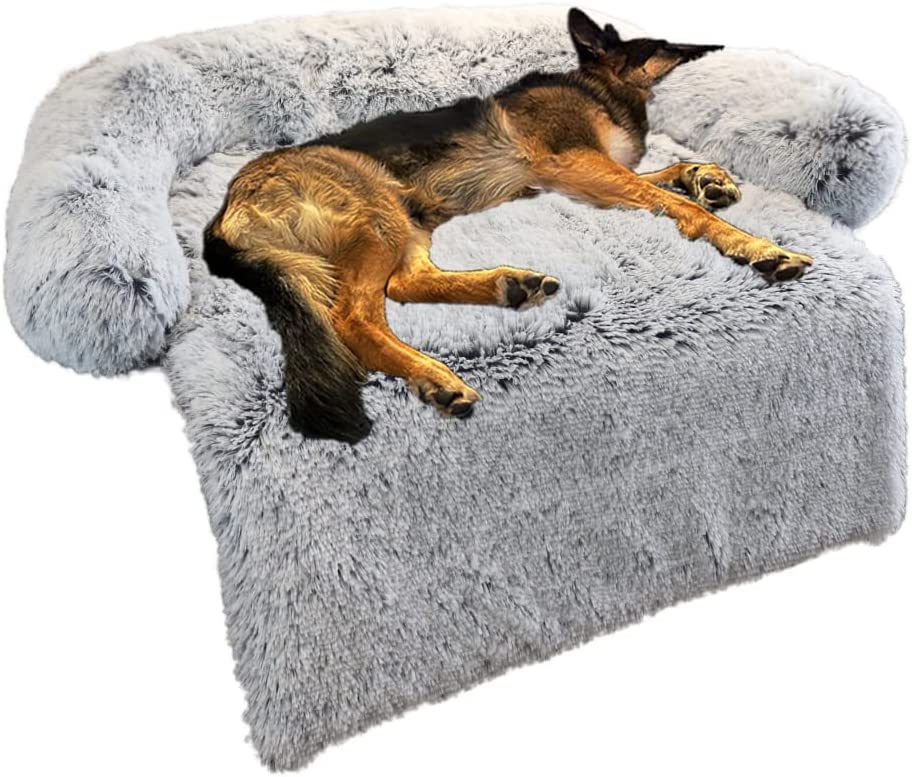 Large Calming Dog Bed Fluffy Plush Dog Mat w/ Removable Washable Cover Light Grey