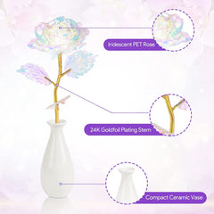Valentines Day Gifts for Her, Rainbow Artificial Rose Flower w/ Gold Foil Stem & Ceramic Vase
