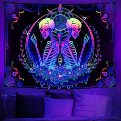 Blacklight Tapestry UV Reactive Skelton Wall Psychedelic Celestial Colorful Flower
