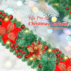 Artificial Christmas Garland, Green Rattan with Red Flower Decorations and Battery Operated LED Lights