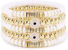 Colorful Beaded Stretch Bracelets Set for Women Smile Blue Evil Eye Polymer Summer Beach Jewelry -White