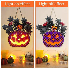 Lighted Halloween Sign Wreath Pumpkin Lantern with Black Maple Leaves with Led Lights Battery