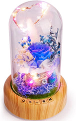 Blue Rose Led Lamp Real Preserved Rose in Glass Dome, Night Light w/ Bluetooth Speaker