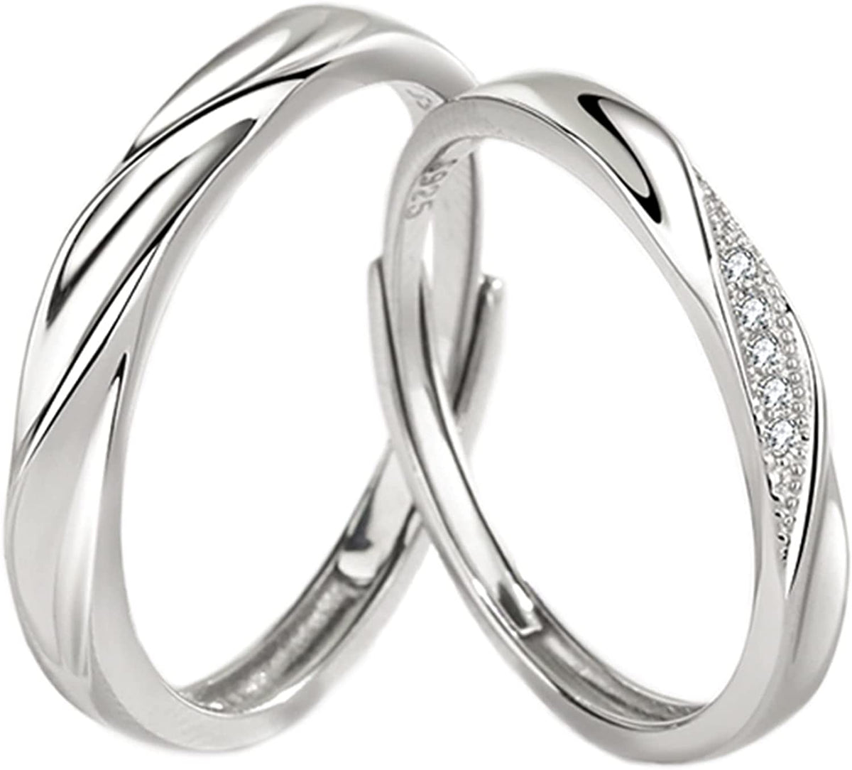 New Sterling Silver Couple Rings Set, Adjustable, I Love You Wedding Rings