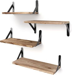 Floating Shelves, Rustic Wood Shelves, 4 Sets of Wall Mounted Shelf for Bathroom Decor, Bedroom, Living Room and Plants (Carbonized Black)