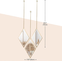 Diamond Wall Mirror, Set of 3 for Home Decoration Gold with Hanging Chain