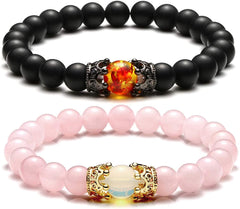 King & Queen Crown Couple Bracelets 8mm Natural Stone, #8 Matte Agate+Rose Quartz