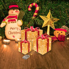 Christmas Lighted Gift Boxes, BOIROS 60 LED Light Up Christmas Packages Set of 3 Metal Present Box Decoration 2