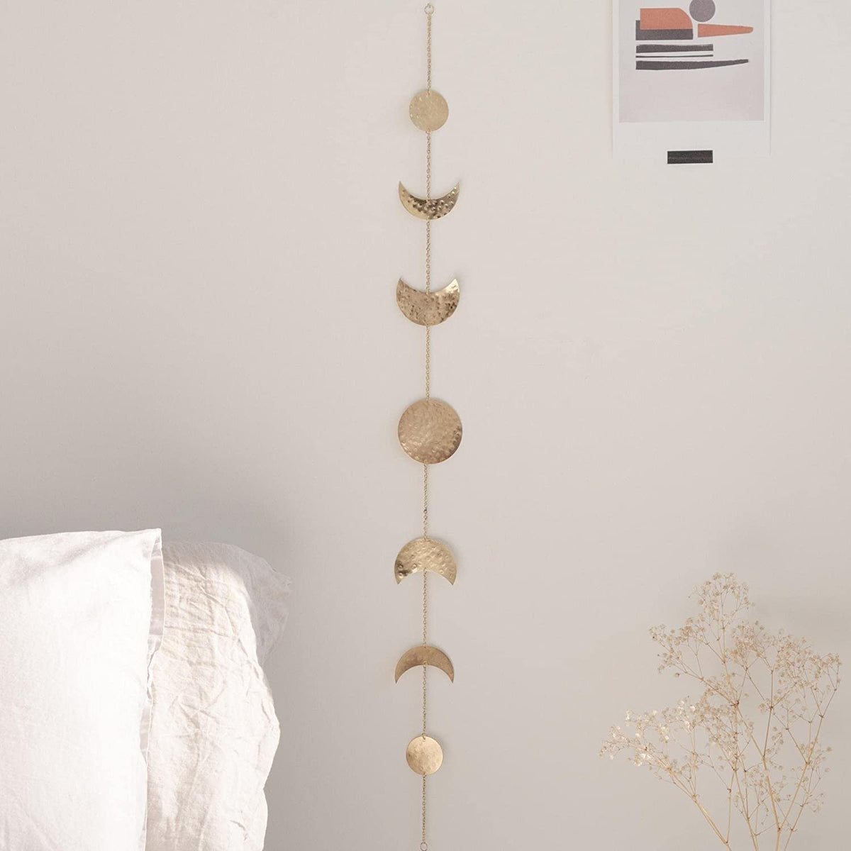 Moon Phase Wall Hanging Handmade Hammered Gold Metal 7 Moons 34" Banner