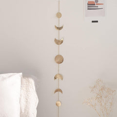Moon Phase Wall Hanging Handmade Hammered Gold Metal 7 Moons 34" Banner