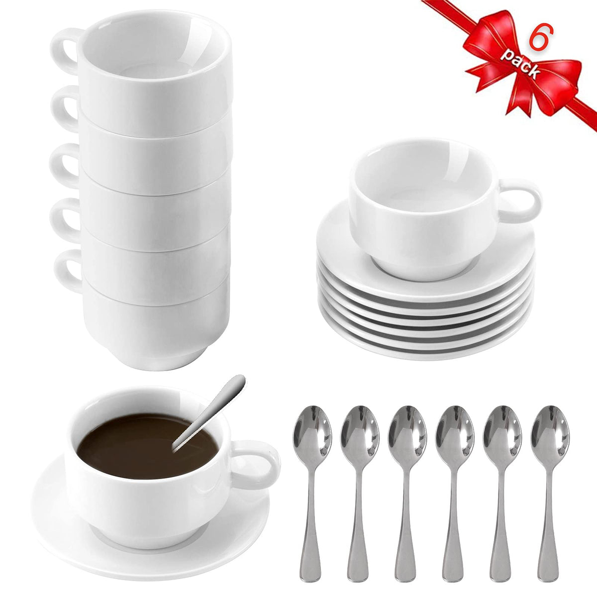 Set of 6, 3.5 oz Coffee Cup and Saucer Set (Early Black Friday Sale)