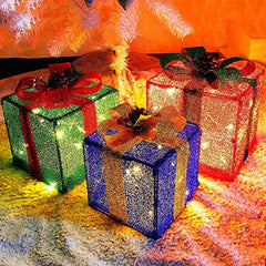 Twinkle Star Set of 3 Christmas Lighted Pop Up Gift Boxes Decorations, Tinsel Present Box, Pre-lit 60 LED Light