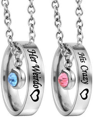 Matching Necklaces for Couples, His and Hers Engraved Rhinestone Ring Pendant Set Gifts for Boyfriend Girlfriend