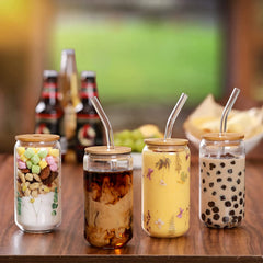 Drinking Glasses w/ Bamboo Lids & Glass Straw 4pcs Set - 16oz Can Shaped Glass Cups - 2 Cleaning Brushes