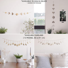 Moon Phase Wall Hanging Handmade Hammered Gold Metal 7 Moons 34" Banner