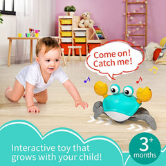 Green Crawling Crab Toys with Light Up, Interactive Musical w/ Automatically Avoid Obstacles, USB Rechargeable