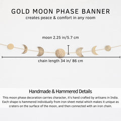 Moon Phase Wall Hanging Handmade Hammered Gold Metal 7 Moons 34" Banner