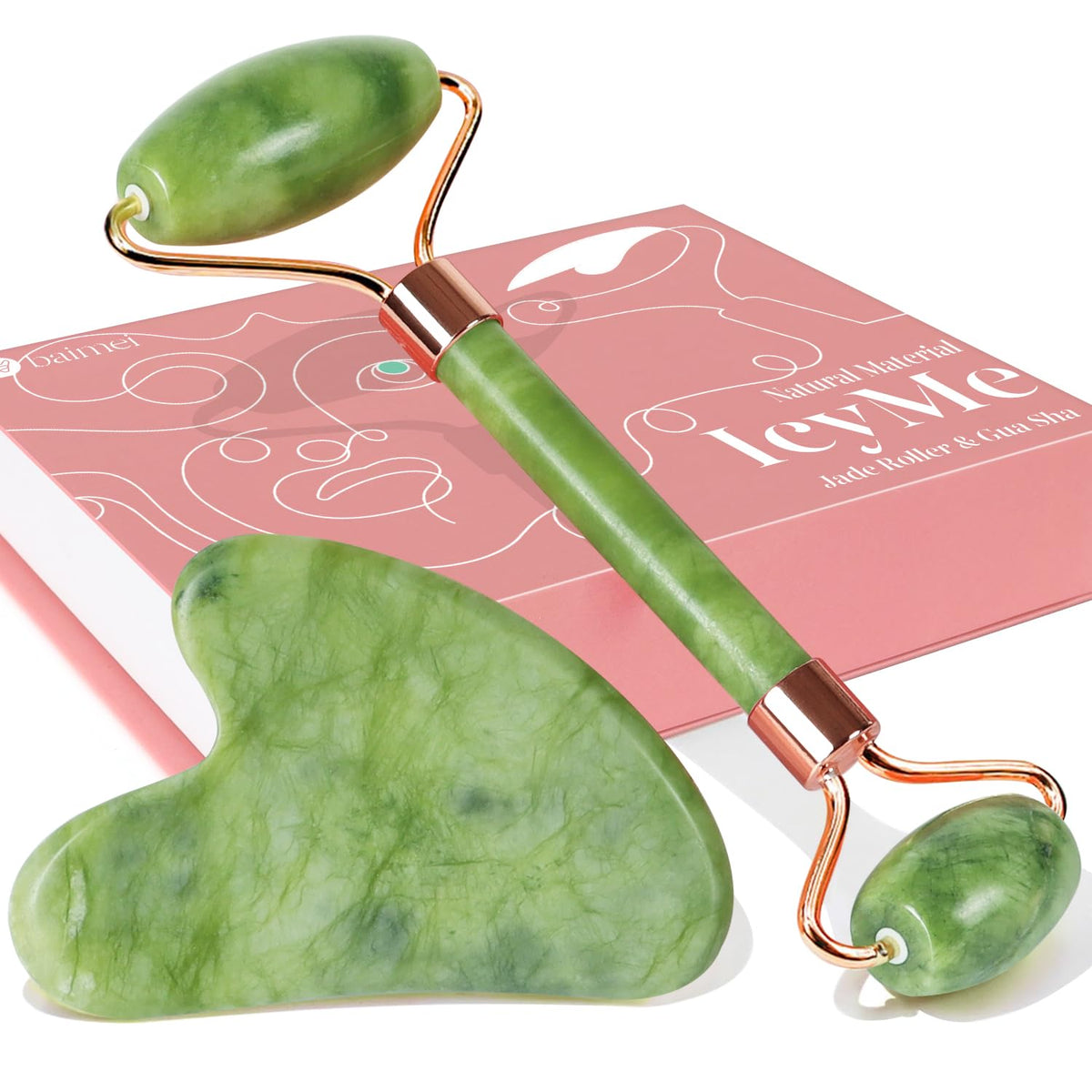 Jade Roller Facial Tools Face Roller Set for Skin Care Routine and Puffiness, Self Care Gift for Men Women - Green