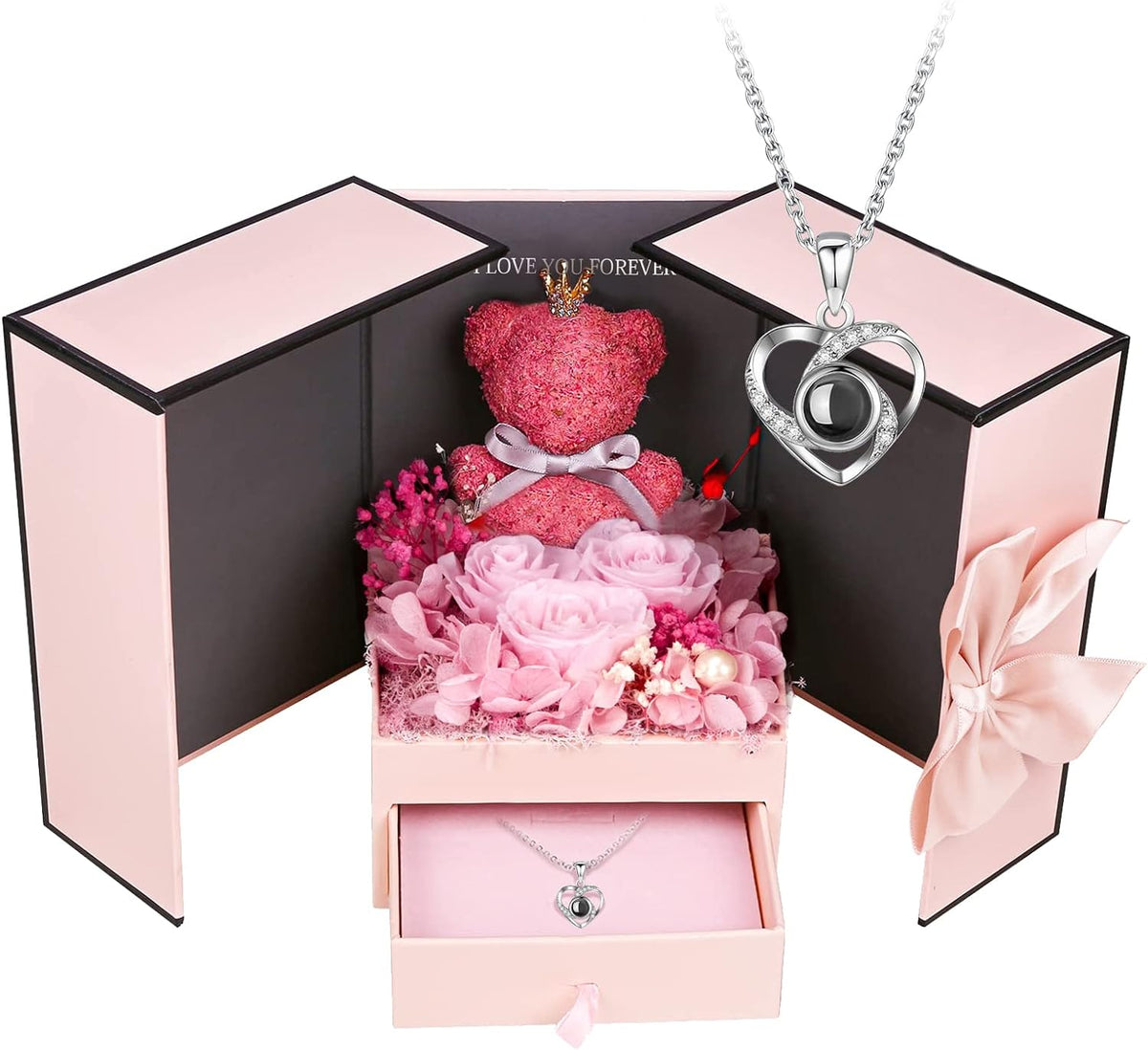 Valentines Day Gifts, Moss Bear with Three Pink Roses Forever