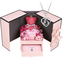 Valentines Day Gifts, Moss Bear with Three Pink Roses Forever