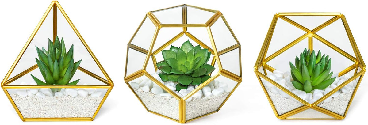 Artificial Succulent in 3 Pack Mini Glass Geometric Terrarium, Miniature Potted Faux Plant Bookshelf Desk Boho Office Room Decor for Women Girls Dorm Gift Idea, Gold