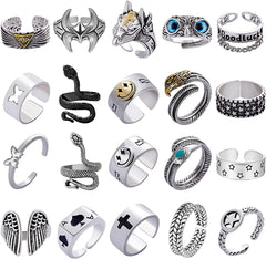 Men's Vintage Open Rings Set Frog Snake Skull Cool Punk Goth Ring Adjustable, Silver-20 Pcs