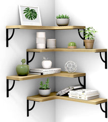 Corner Floating Shelves Wall Mounted Set of 4, Wood Display Storage Wall Shelves for Living Room, Bedroom, Office, Bathroom Kitchen & Decoration