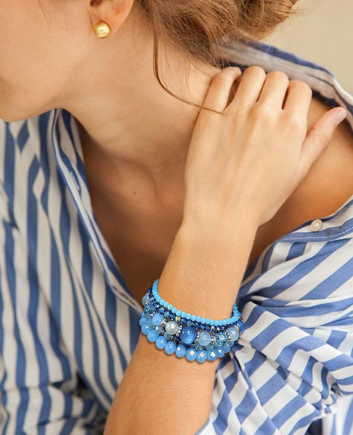 Blue Beaded Boho Stretch Bracelet Colorful Stackable Crystal Beads Bracelets