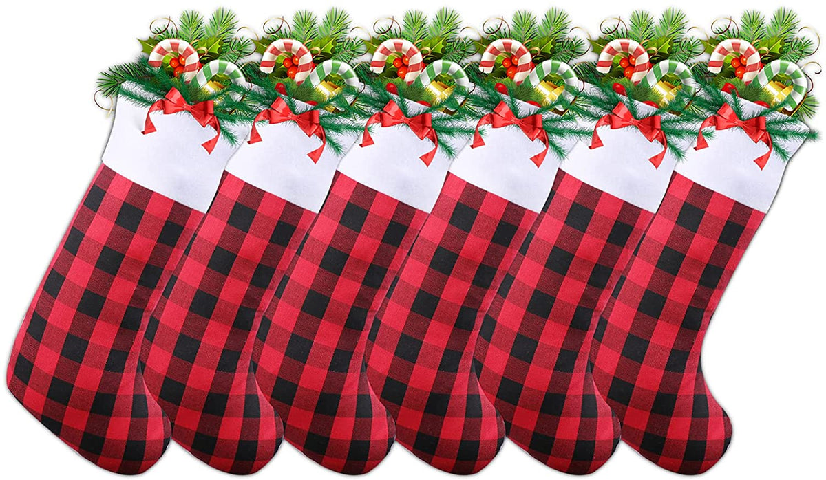 6 Pack 18 Inch Buffalo Plaid Christmas Stockings White Plush Trim Classic Personalized Large Stocking Decorations