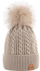 Womens Winter Beanie Hat, Warm Fleece Lined Knitted Soft Ski Cuff Cap with Pom Pom