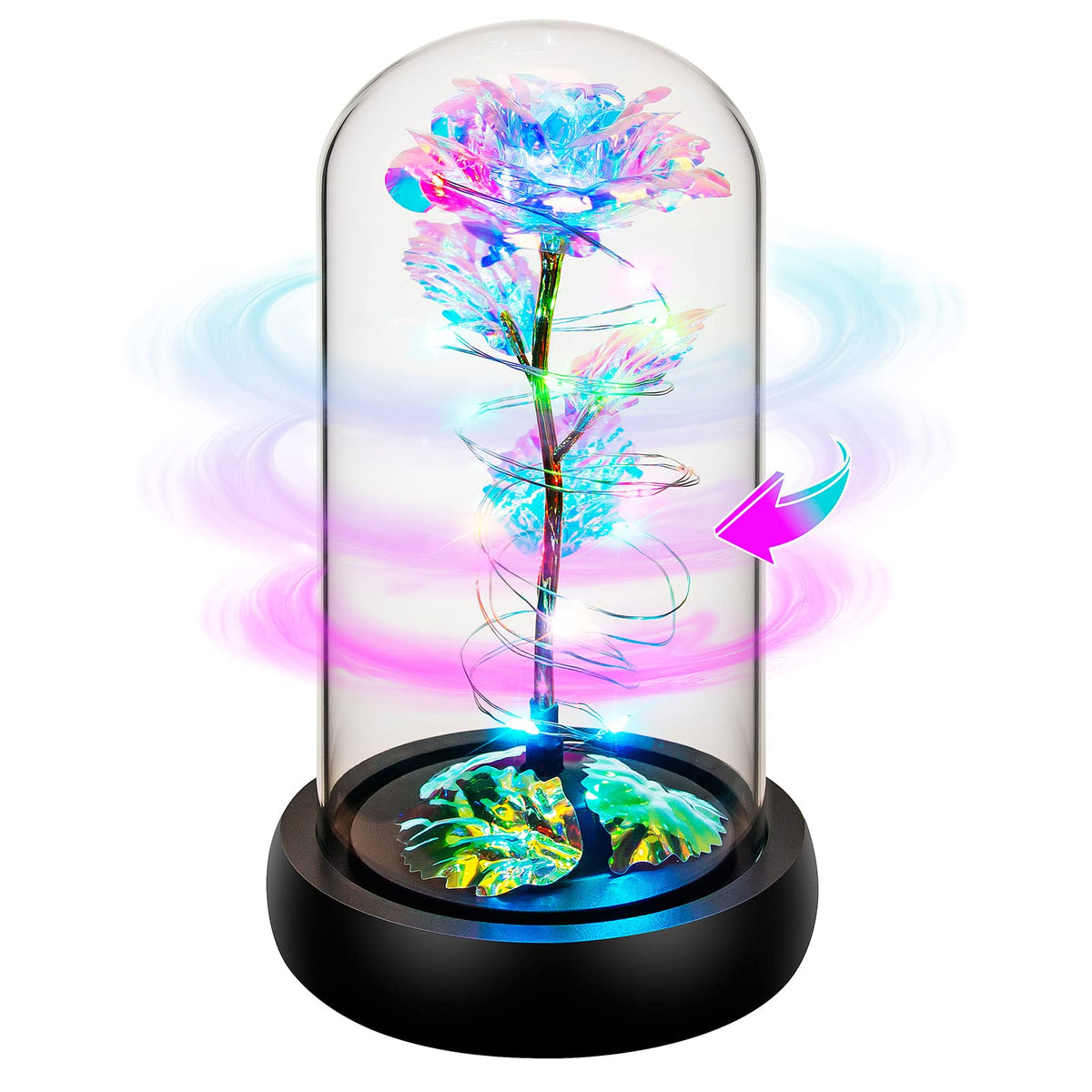Rotating Romantic Roses Light Up Rose in Glass Dome, Spinning Colorful Artificial Rose Flower Gifts for Her