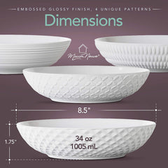 Premium Porcelain White Dinner Bowls Set of 4- 34oz -Textured White