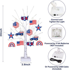 4th of July  Decoration Tree Light w/ 12 Patriotic Wooden Signs, TIMER, USB/Battery Operated