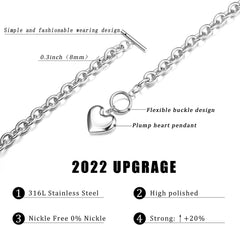 3Sets Heart Pendant Necklace Toggle Chain Bracelet Stud Earrings Stainless Steel, Silver Tone