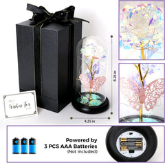 Beauty and The Beast Rose Light Up Galaxy Rose Gift w/ Butterfly in Glass Dome (Gold)